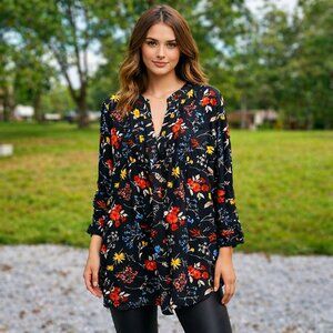 Floral Print Long Sleeve Tunic Dress By Old Navy Black With Multicolor Flowers L